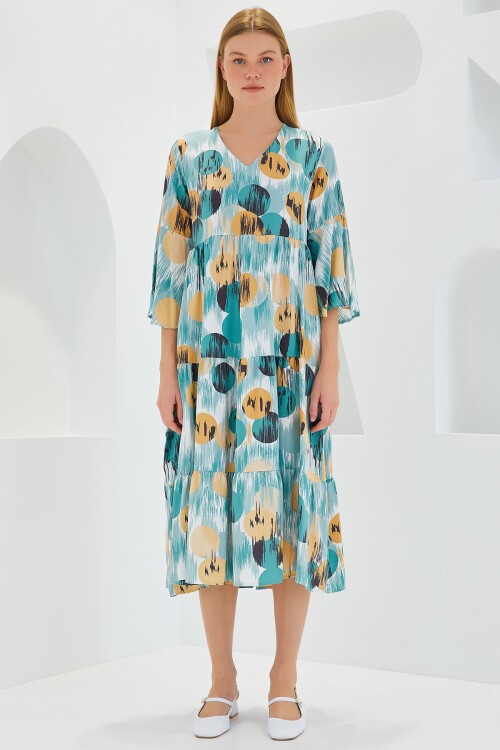 Merterium Kadın Mint Bej Desenli Kısa Kol Viskon Elbise 1959