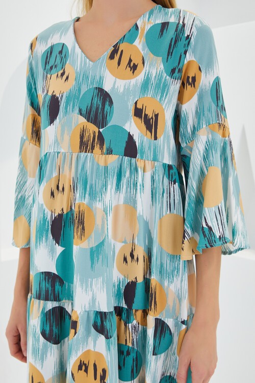 Merterium Kadın Mint Bej Desenli Kısa Kol Viskon Elbise 1959