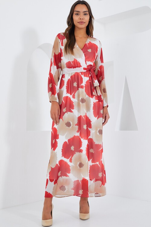 Merterium Kadın Nar Bej Çiçek Desenli Şifon Elbise 2134