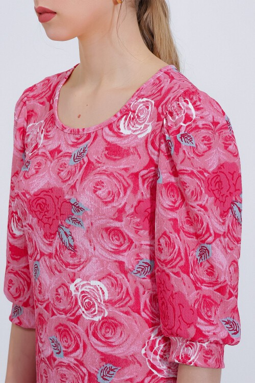 Merterium Kadın Nar Gül Desenli Midi Elbise 2477