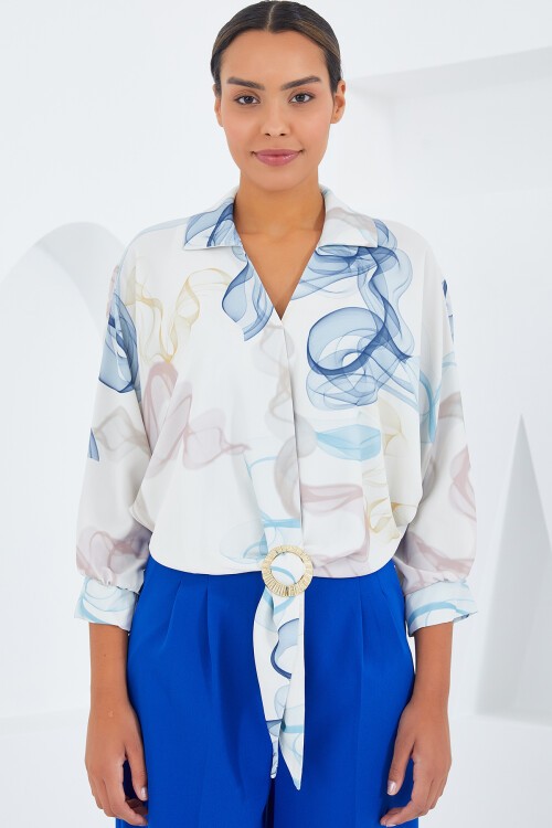 Merterium Kadın Oversize Dökümlü Crop Saten Gömlek 906 - Mavi