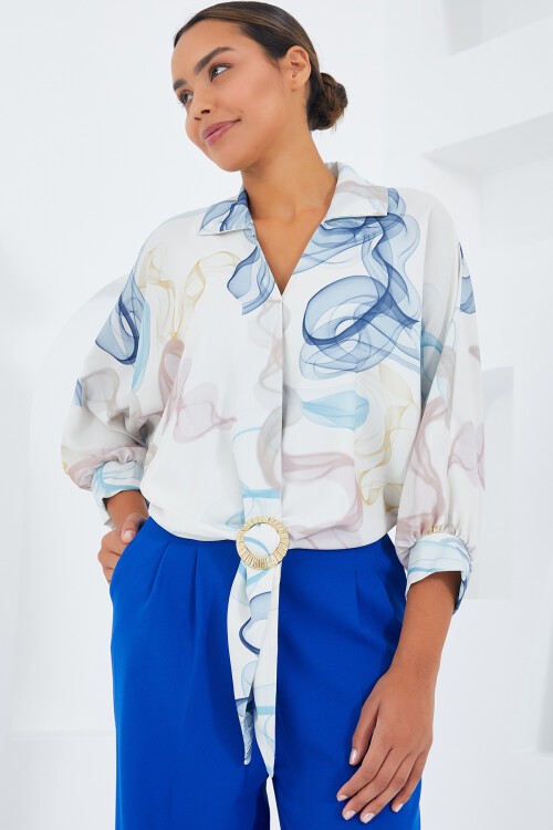 Merterium Kadın Oversize Dökümlü Crop Saten Gömlek 906 - Mavi