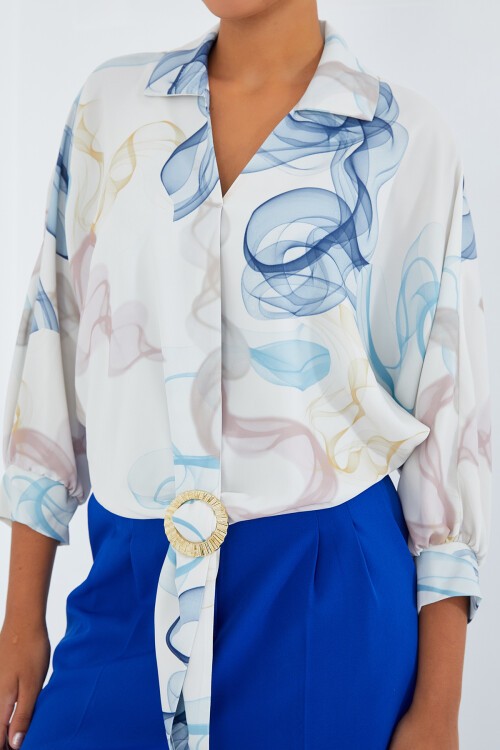 Merterium Kadın Oversize Dökümlü Crop Saten Gömlek 906 - Mavi