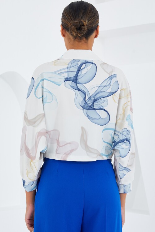 Merterium Kadın Oversize Dökümlü Crop Saten Gömlek 906 - Mavi