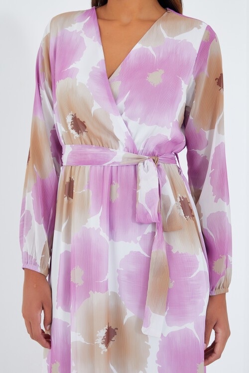 Merterium Kadın Pembe Bej Çiçek Desenli Şifon Elbise 2134