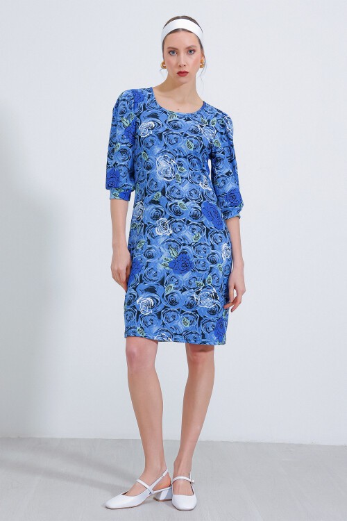 Merterium Kadın Saks Gül Desenli Midi Elbise 2477