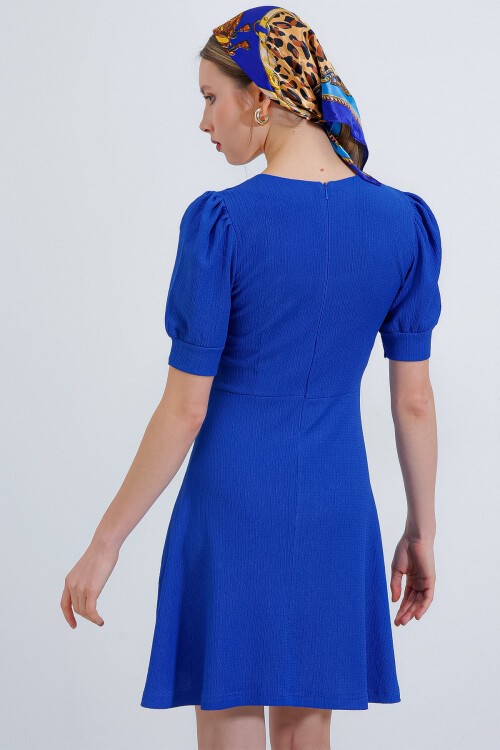 Merterium Kadın Saks Kare Yaka Örme Mini Elbise