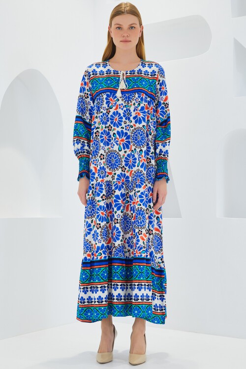 Merterium Kadın Saks Mavi Desenli Uzun Viskon Elbise 1947