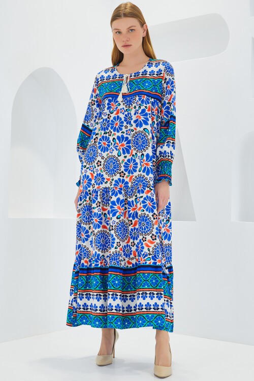 Merterium Kadın Saks Mavi Desenli Uzun Viskon Elbise 1947