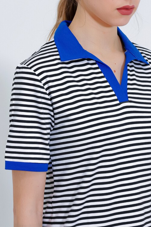 Merterium Kadın Saks Polo Yaka Çizgili Tişört 0499