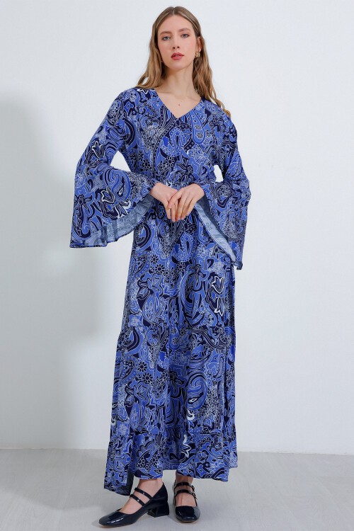 Merterium Kadın Saks V Yaka Desenli Uzun Elbise 2454