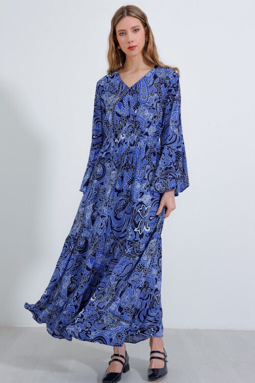 Merterium Kadın Saks V Yaka Desenli Uzun Elbise 2454