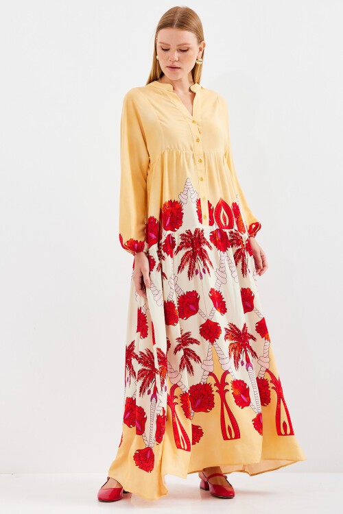 Merterium Kadın Sarı Kırmızı Viskon Tesettür Elbise 2423