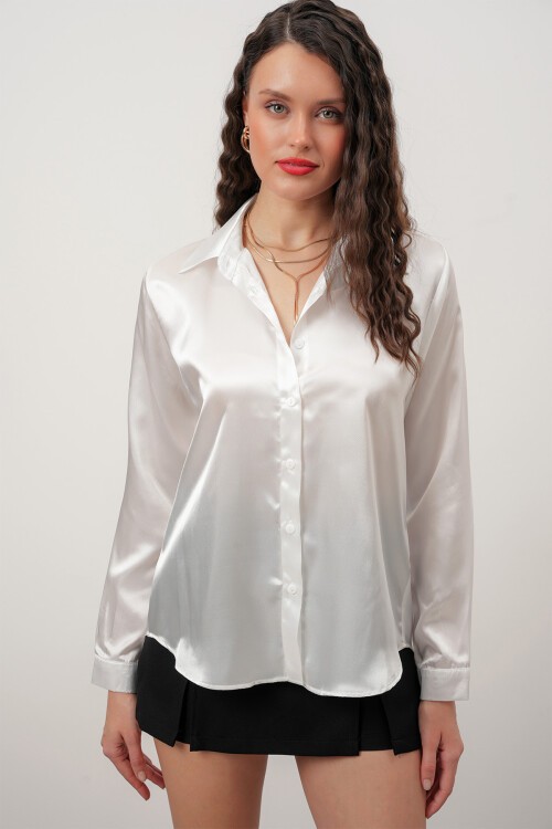 Merterium Kadın Saten Gömlek Geniş Beden Aralığı - Beyaz