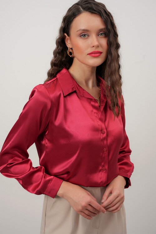 Merterium Kadın Saten Gömlek Geniş Beden Aralığı - Bordo