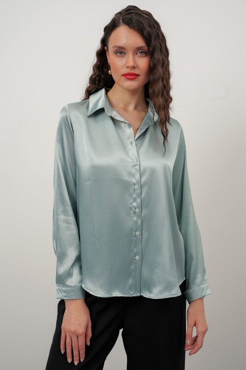 Merterium Kadın Saten Gömlek Geniş Beden Aralığı - Çağla