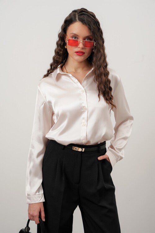 Merterium Kadın Saten Gömlek Geniş Beden Aralığı - Krem