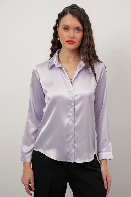 Merterium Kadın Saten Gömlek Geniş Beden Aralığı - Lila