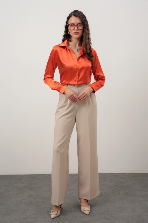 Merterium Kadın Saten Gömlek Geniş Beden Aralığı - Oranje