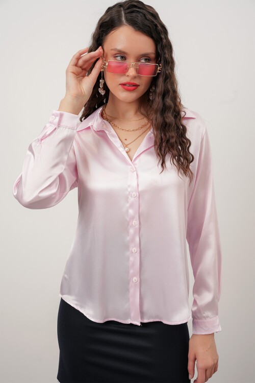Merterium Kadın Saten Gömlek Geniş Beden Aralığı - Pembe
