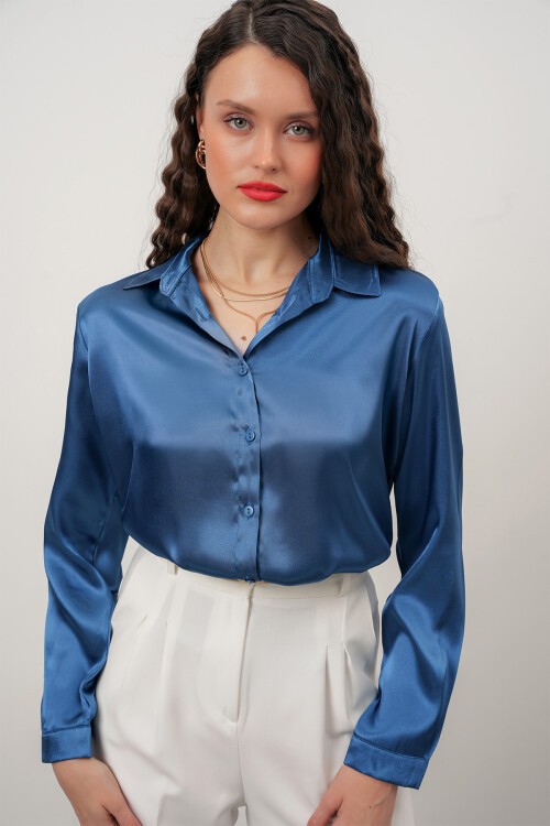 Merterium Kadın Saten Gömlek Geniş Beden Aralığı - Petrol