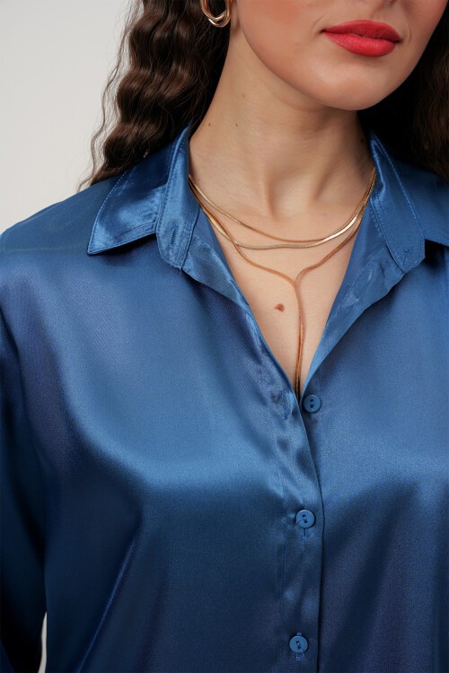 Merterium Kadın Saten Gömlek Geniş Beden Aralığı - Petrol