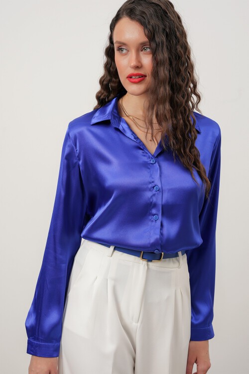 Merterium Kadın Saten Gömlek Geniş Beden Aralığı - Saks