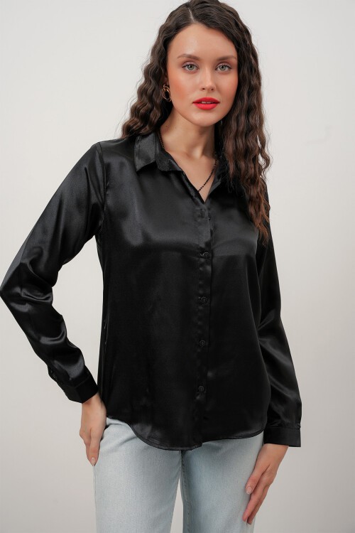 Merterium Kadın Saten Gömlek Geniş Beden Aralığı - Siyah