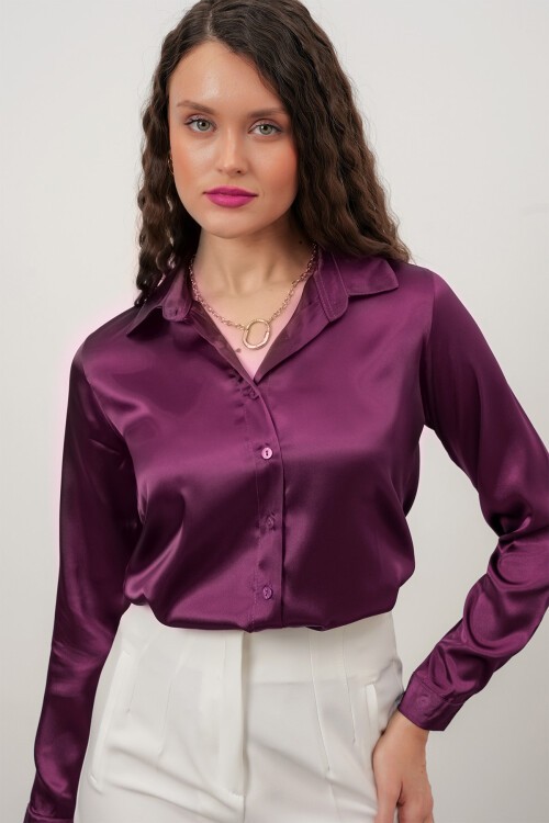 Merterium Kadın Saten Gömlek Geniş Beden Aralığı - Y. Mor