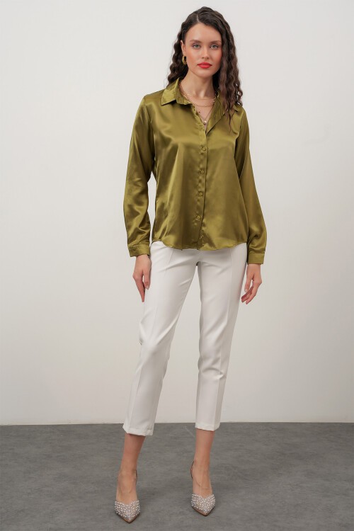 Merterium Kadın Saten Gömlek Geniş Beden Aralığı - Y.Haki