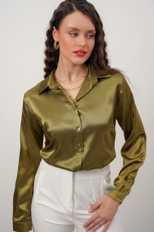 Merterium Kadın Saten Gömlek Geniş Beden Aralığı - Y.Haki