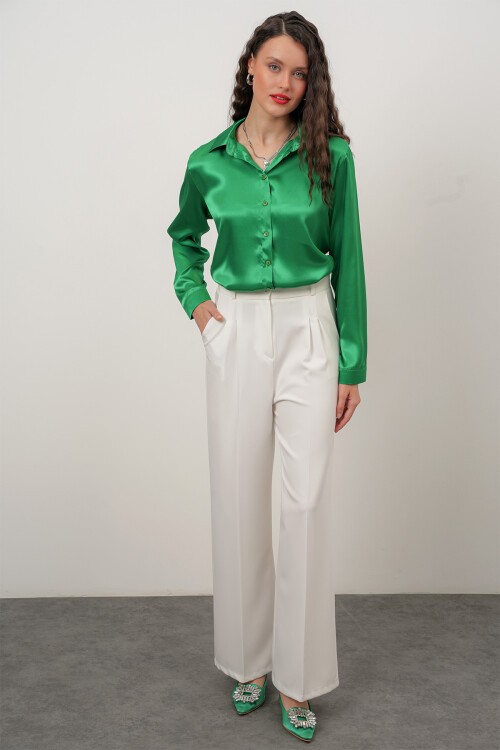 Merterium Kadın Saten Gömlek Geniş Beden Aralığı - Yeşil