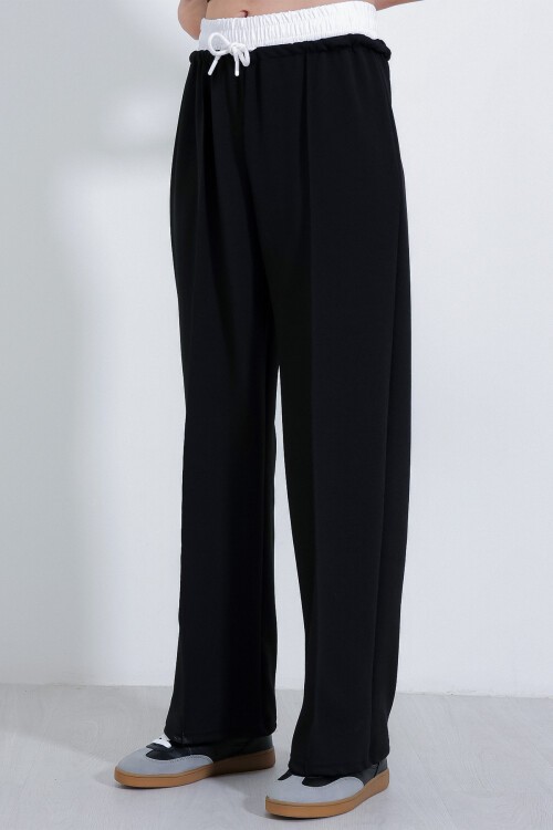 Merterium Kadın Siyah Bol Paça Çımalı Pantolon 6662