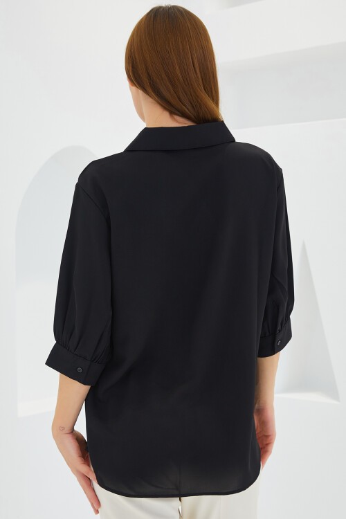 Merterium Kadın Siyah Gömlek Yaka Saten Bluz 0493