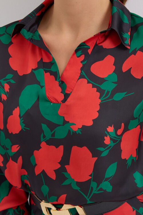 Merterium Kadın Siyah Kırmızı Desenli Saten İkili Takım 8018