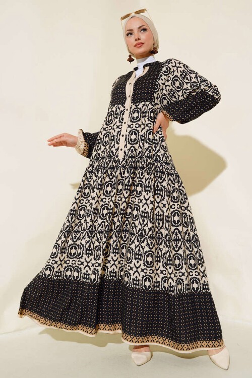 Merterium Kadın Siyah Krem Desenli Viskon Tesettür Elbise 2423