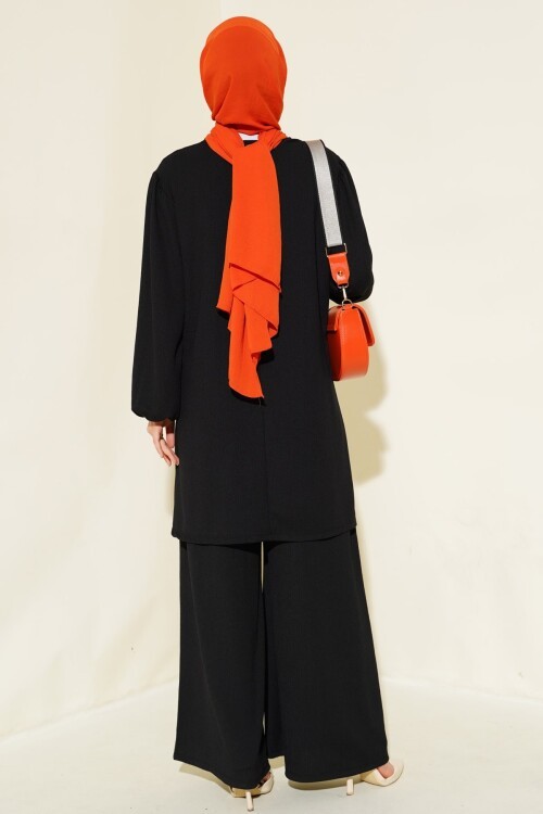 Merterium Kadın Siyah Tunik Pantolon Alt Üst Takım 6663
