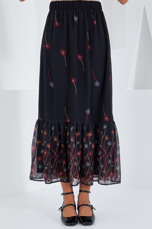 Merterium Kadın Siyah Turuncu Desenli Şifon Etek 8010