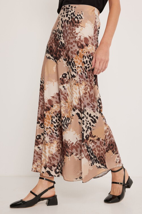 Merterium Kadın Sütlü Kahve Desenli Saten Etek 15877