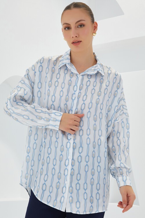 Merterium Kadın Turkuaz Beyaz Desenli Oversize Saten Gömlek 3985