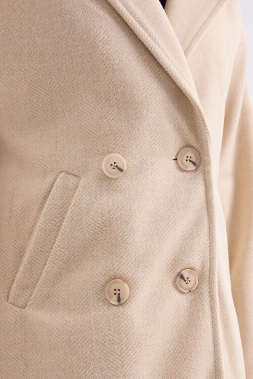 Merterium Krem Oversize Geniş Kesim Yünlü Uzun Kaşe Kaban 9113