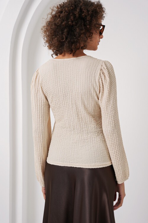 Merterium 0442 Uzun Kollu Bluz - Krem