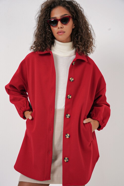 Merterium 0674 Cepli Oversize Gömlek - Kırmızı