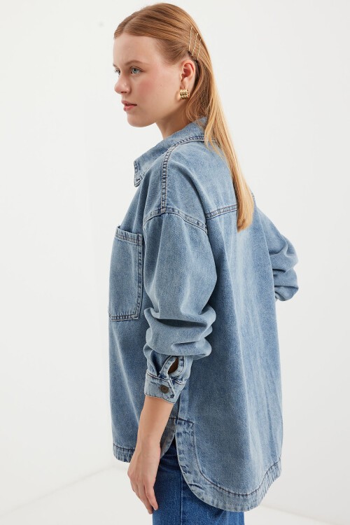 Merterium 0694 Çift Cepli Oversize Denim Ceket - Buz Mavi