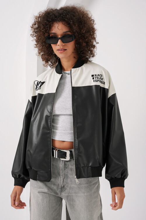 Merterium 0698 Baskılı Suni Deri Bomber Ceket - Beyaz