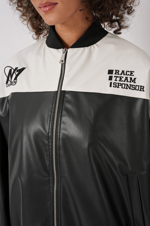 Merterium 0698 Baskılı Suni Deri Bomber Ceket - Beyaz