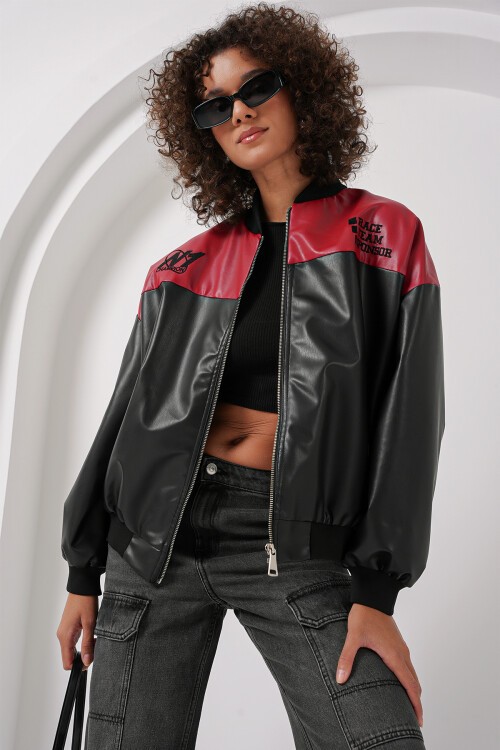 Merterium 0698 Baskılı Suni Deri Bomber Ceket - Bordo