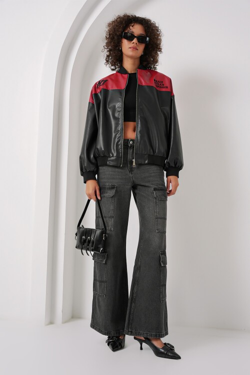 Merterium 0698 Baskılı Suni Deri Bomber Ceket - Bordo