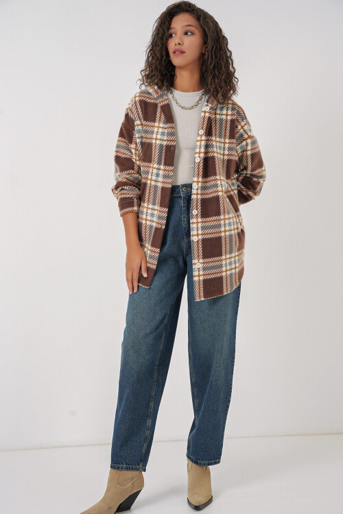 Merterium 0710 Kapüşonlu Oversize Gömlek - C. Kahverengi