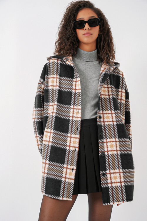 Merterium 0710 Kapüşonlu Oversize Gömlek - D. Siyah